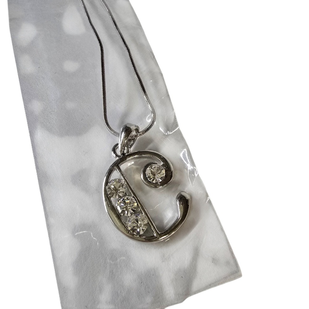 Silver Tone Rhinestone Initial C Pendant Necklace Snake Chain Adjustable New